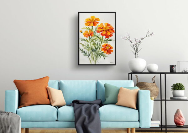 watercolour botanical print flowers tagetes cinnabar minimalist living room 1