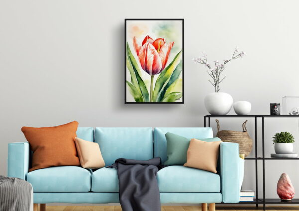 watercolour botanical print flowers tulipa salmon impression living room 1