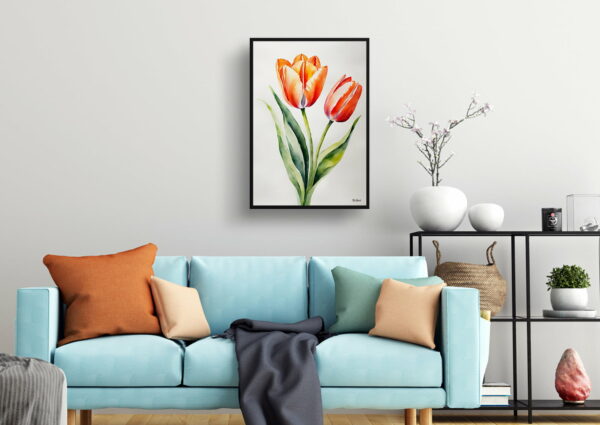 watercolour botanical print flowers tulipa salmon impression minimalist living room 1