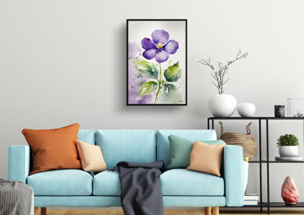 watercolour botanical print flowers violet living room 1