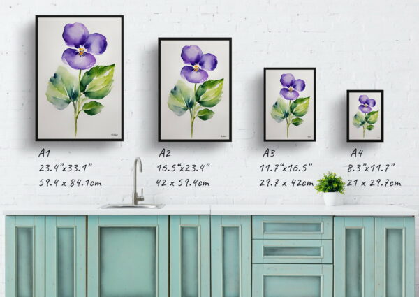 watercolour botanical print flowers violet minimalist print size comparison 1