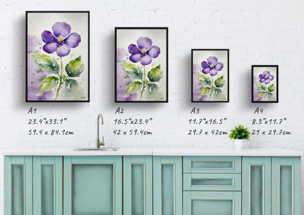 watercolour botanical print flowers violet print size comparison 1