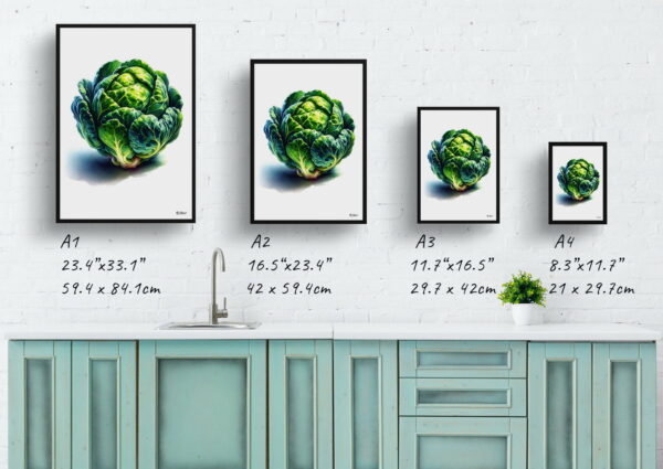 watercolour realist flowers brassica oleraceabrussel sprouts print size comparison 1