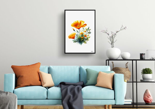 watercolour realist flowers california poppyeschscholzia living room 1