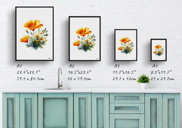 watercolour realist flowers california poppyeschscholzia print size comparison 1