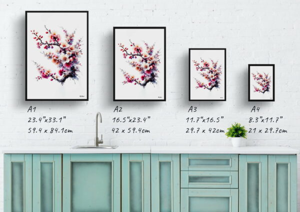 watercolour realist flowers cherry blossomsakura print size comparison 1