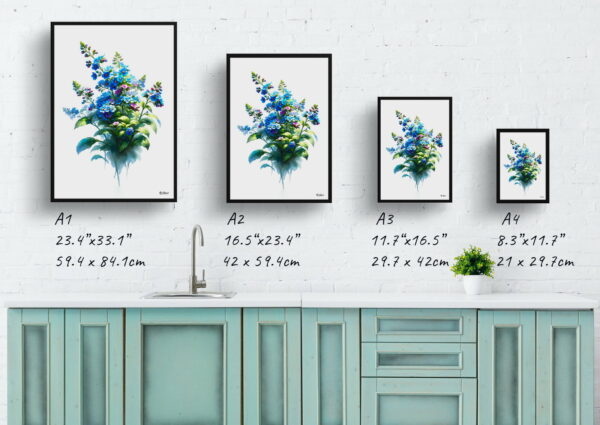 watercolour realist flowers chinese forget me notcynoglossum print size comparison