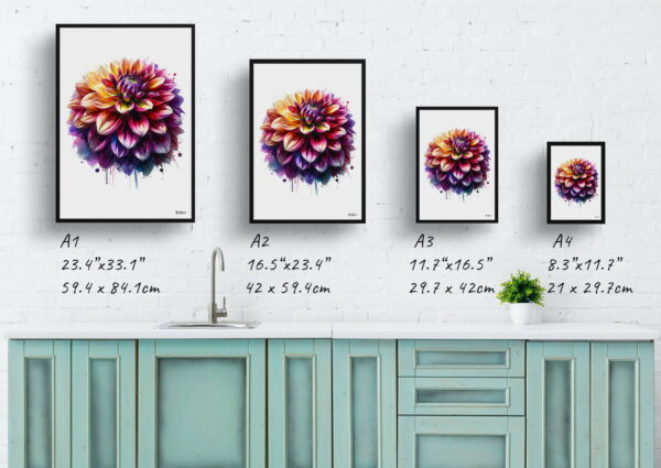 watercolour realist flowers dahliaasteraceae print size comparison 1