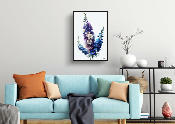 watercolour realist flowers delphiniumlarkspur living room 1