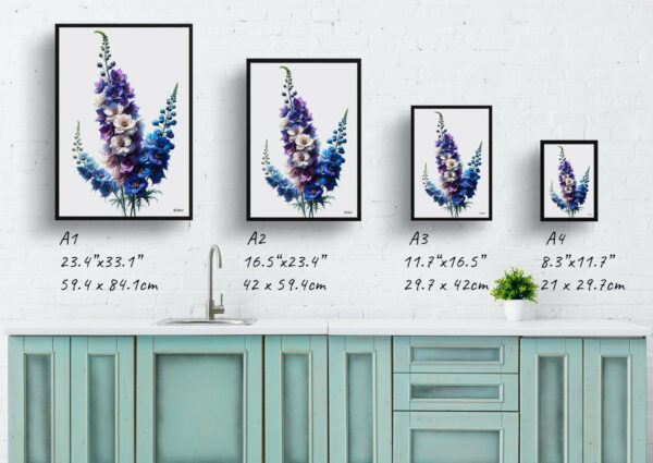 watercolour realist flowers delphiniumlarkspur print size comparison 1