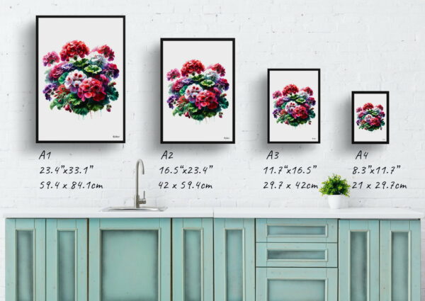 watercolour realist flowers geraniumpelargoniums print size comparison 1