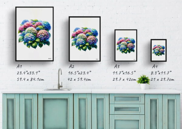 watercolour realist flowers hortensiahydrangea print size comparison 1