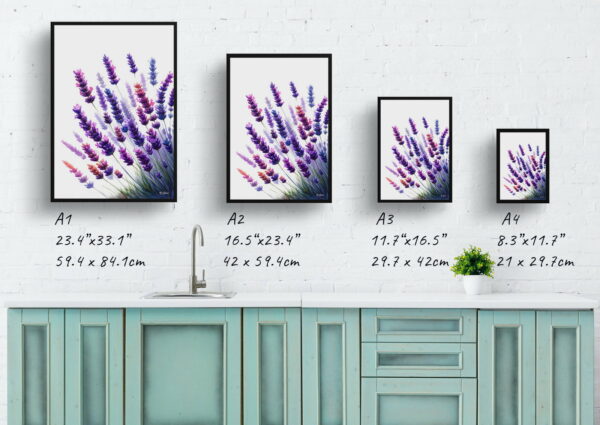 watercolour realist flowers lavenderlavendula print size comparison 1