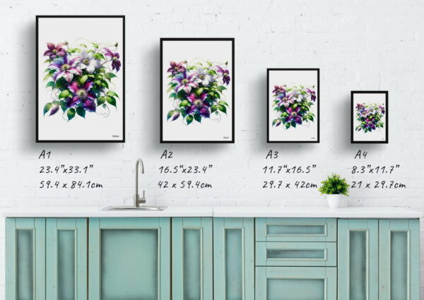 watercolour realist flowers leather flowerclematis print size comparison 1