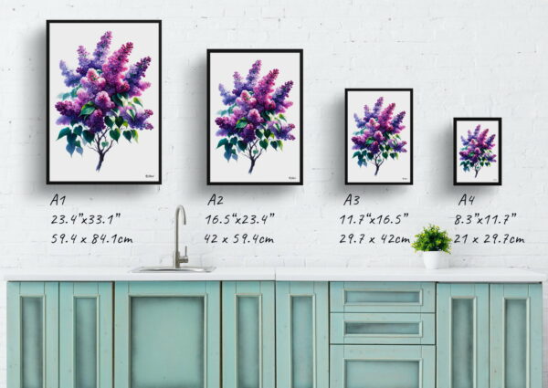 watercolour realist flowers lilacsyringa vulgaris print size comparison 1