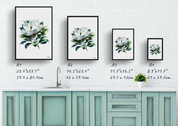 watercolour realist flowers magnoliagrandiflora print size comparison 1