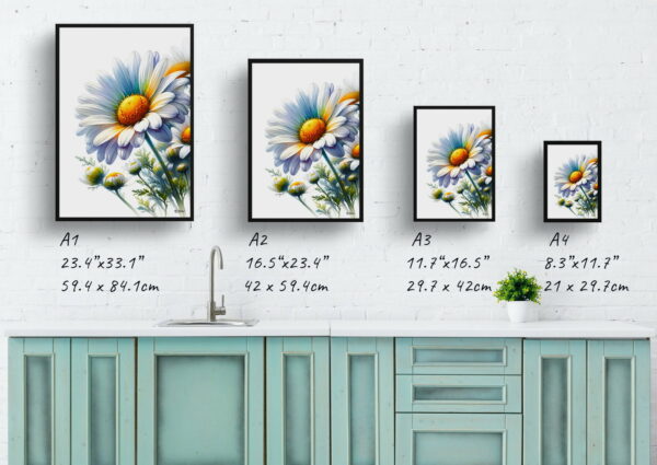 watercolour realist flowers oxeye margueritedaisy print size comparison 1