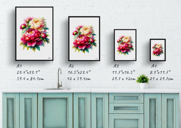 watercolour realist flowers peonypaeonia print size comparison 1