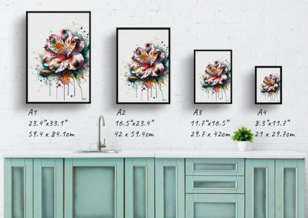 watercolour realist flowers peruvian lily of the incasalstroemeria print size comparison 1