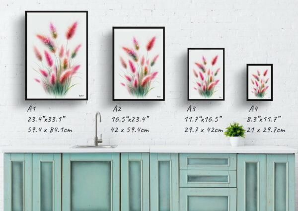 watercolour realist flowers pink muhly grassmuhlenbergia print size comparison 1