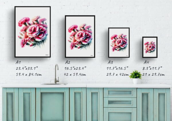 watercolour realist flowers pinksdianthus print size comparison 1