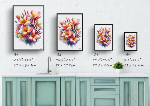 watercolour realist flowers plumeriafrangipani print size comparison 1