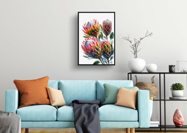 watercolour realist flowers proteassugarbushes living room 1