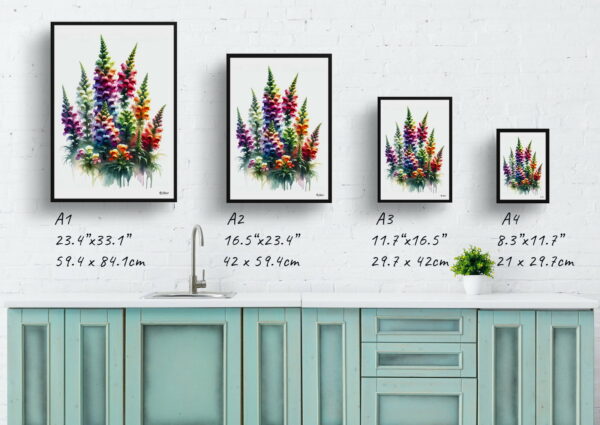 watercolour realist flowers snapdragon antirrhinum print size comparison 1