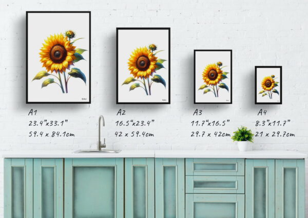 watercolour realist flowers sunflowerhelianthus annuus print size comparison 1