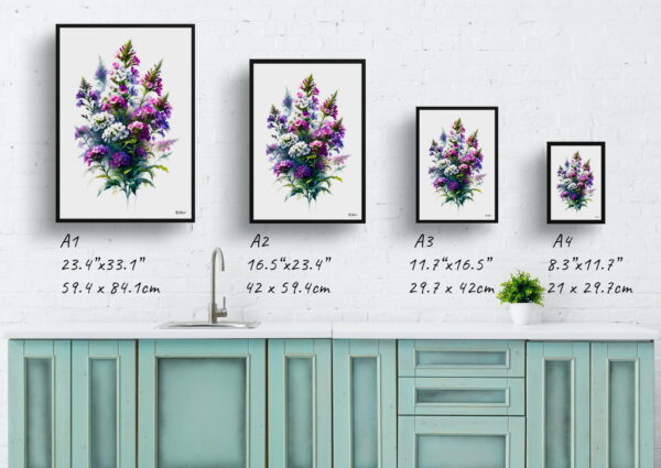 watercolour realist flowers sweet rockethesperis matronalis print size comparison 1