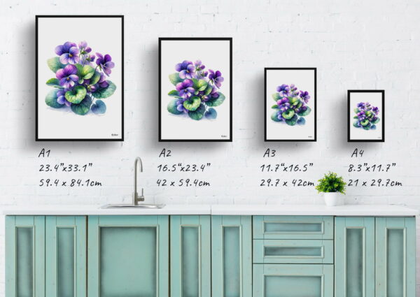 watercolour realist flowers sweet violetviola odorata print size comparison 1