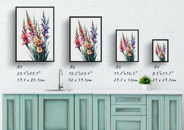 watercolour realist flowers sword liliesgladiolus print size comparison 1