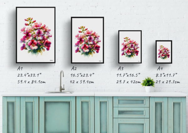 watercolour realist flowers twinspurdiascia personata print size comparison 1