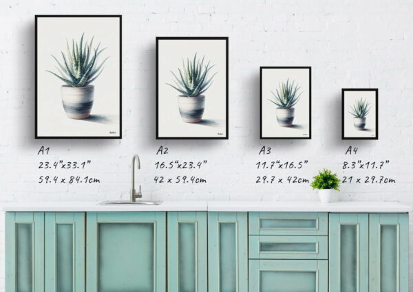 watercolour realist home plants aloe veraaloe barbadensis print size comparison 1