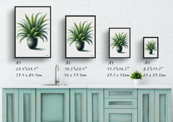 watercolour realist home plants boston fernnephrolepis exaltata print size comparison 1