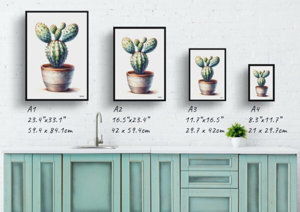 watercolour realist home plants bunny ears cactusopuntia microdasys print size comparison 1