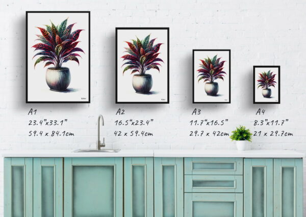 watercolour realist home plants crotoncodiaeum variegatum print size comparison 1