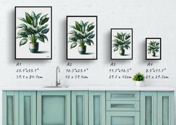 watercolour realist home plants dumb cane plantdieffenbachia print size comparison 1