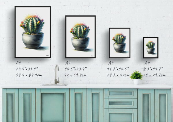 watercolour realist home plants dwarf turks cap cactusmelocactus matanzanus print size comparison 1