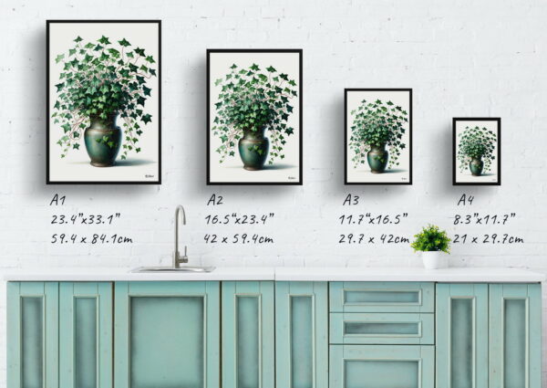 watercolour realist home plants english ivyhedera helix print size comparison 1