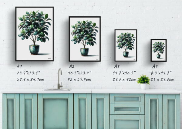 watercolour realist home plants ficus audreyficus benghalensis print size comparison 1