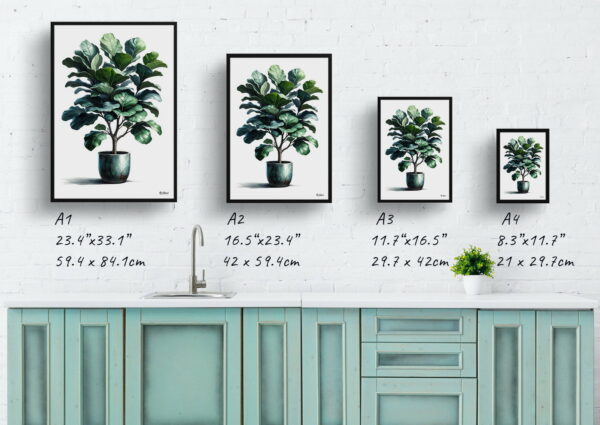 watercolour realist home plants fiddle leaf figficus lyrata print size comparison 1