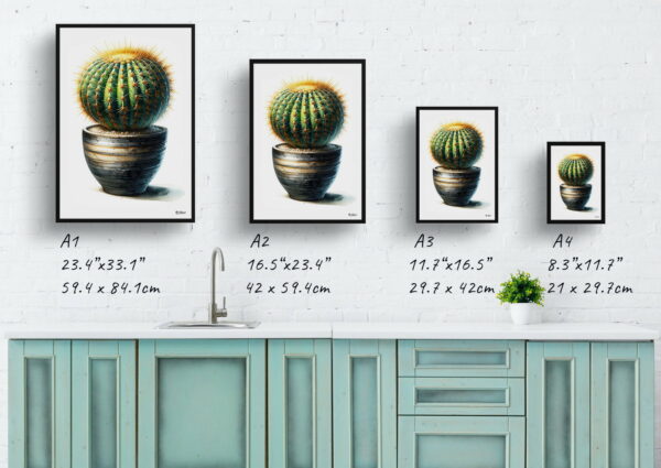 watercolour realist home plants golden barrel cactusechinocactus grusonii print size comparison 1