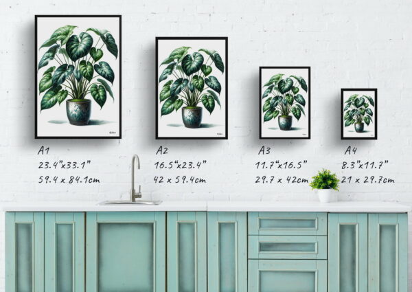 watercolour realist home plants heartleaf philodendronphilodendron hederaceum print size comparison 1