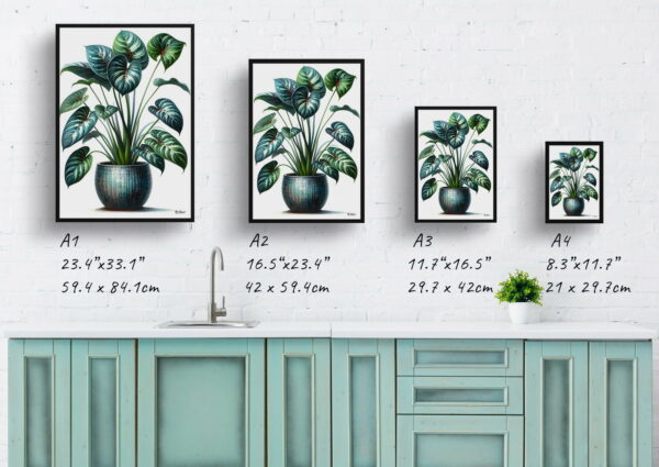 watercolour realist home plants homalomena army print size comparison 1