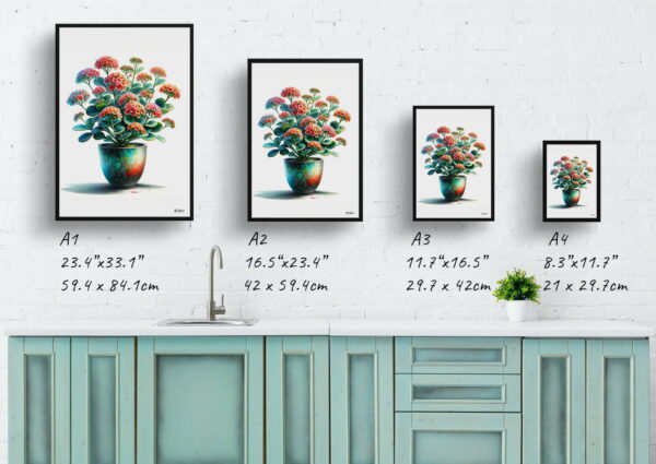 watercolour realist home plants kalanchoeblossfeldiana print size comparison 1