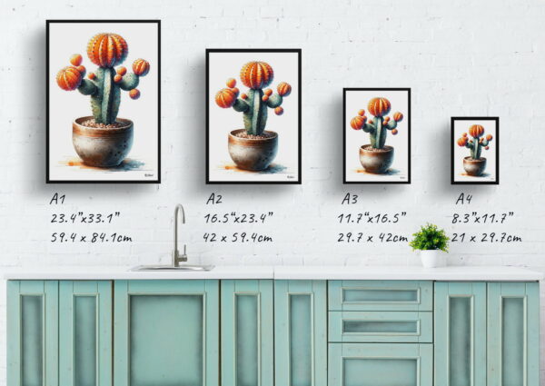 watercolour realist home plants moon cactusgymnocalycium mihanovichii print size comparison 1