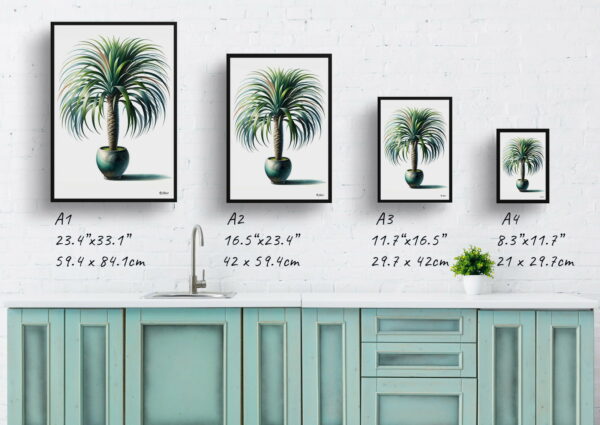 watercolour realist home plants ponytail palmbeaucarnea recurvata print size comparison 1