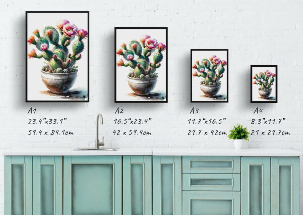 watercolour realist home plants prickly pear cactusopuntia print size comparison 1