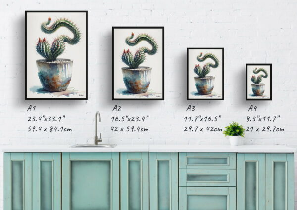 watercolour realist home plants rat tail cactusaporocactus flagelliformis print size comparison 1